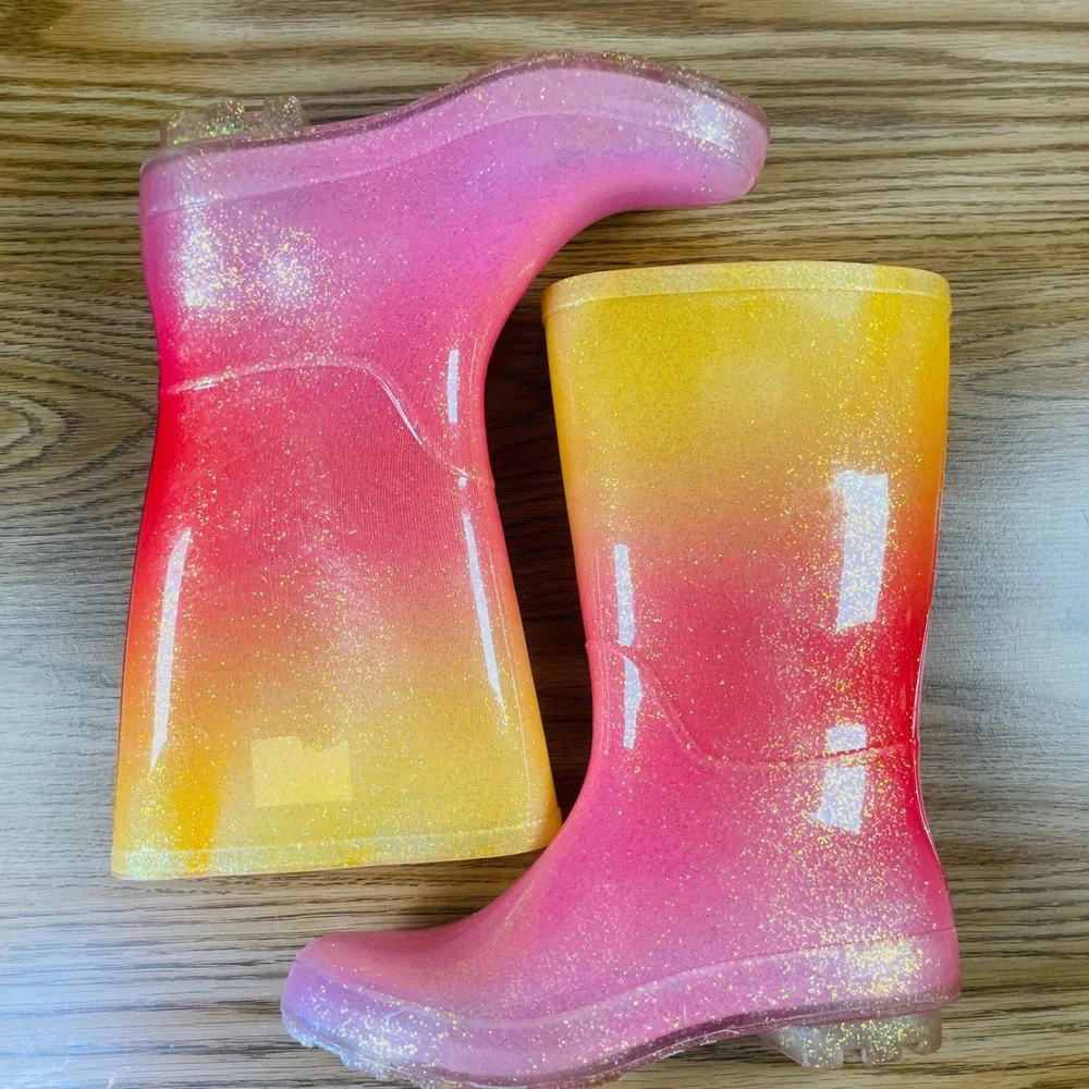 Kids Ombre Glitter Rain Boots Pink Orange Rainbow‎ Size 3 Tall Waterproof Play